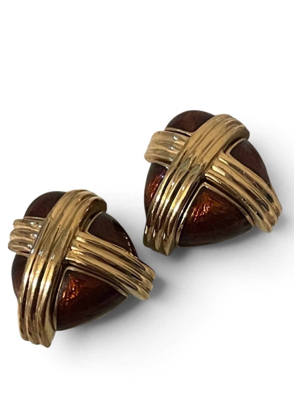 Ciner Bronze-Brown Enamel & Gold “X” Runway Statement Clip On Earrings